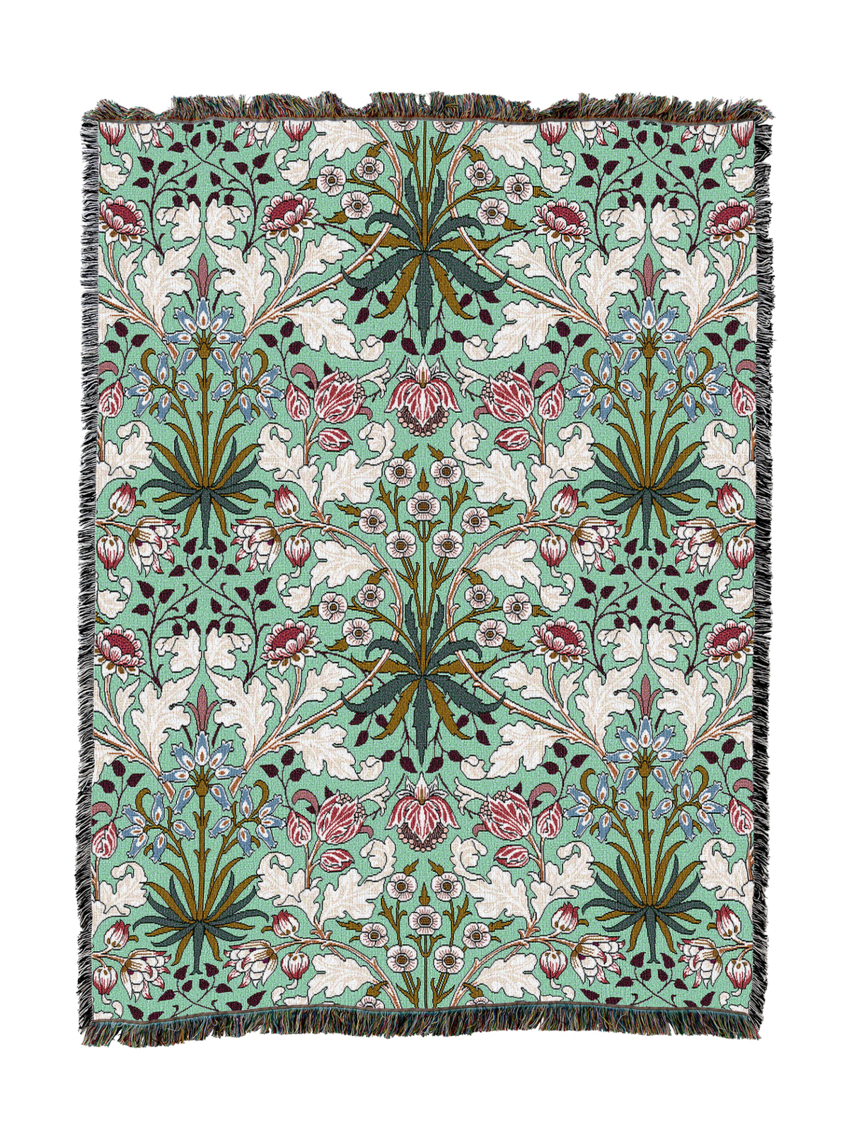 Green hyacinth blanket with multicolor buds and tassel fringe border