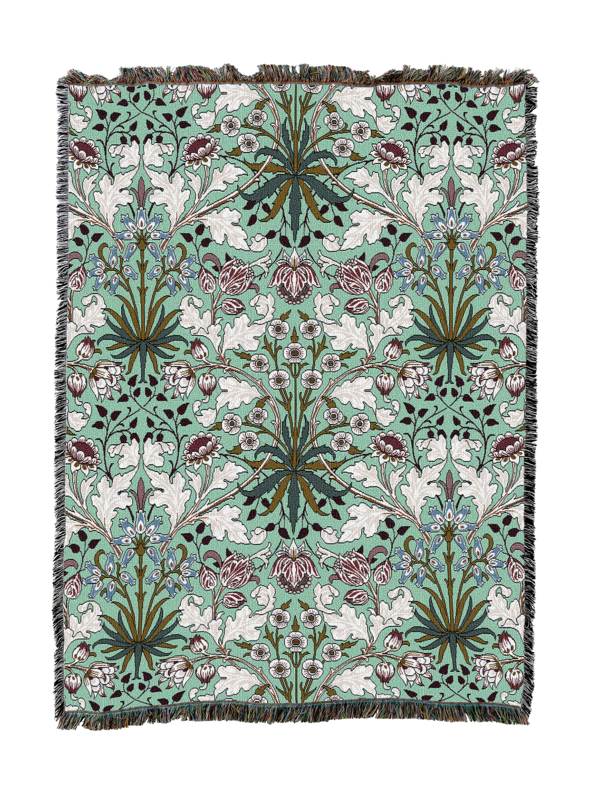 Mint-green floral hyacinth blanket with botanical vines and tassel fringe border