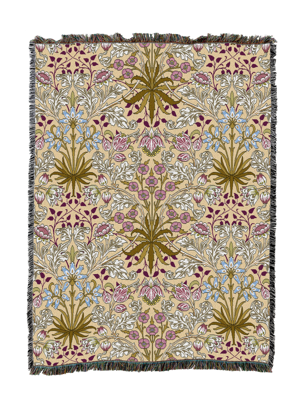 Light mauve hyacinth blanket with blue-green flowers and tassel fringe border