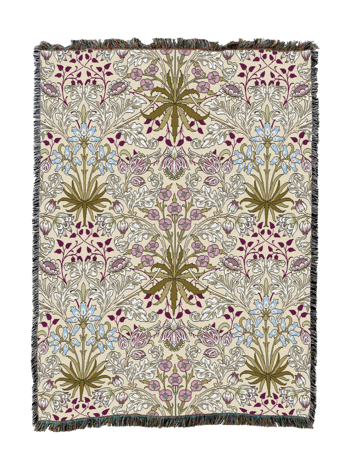 Mauve floral hyacinth blanket with pastel blossoms and tassel fringe border