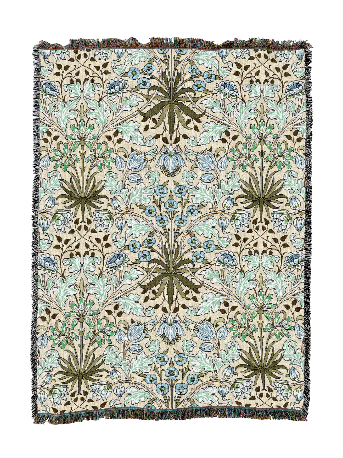 Cream hyacinth blanket with blue-green floral motifs and tassel fringe border