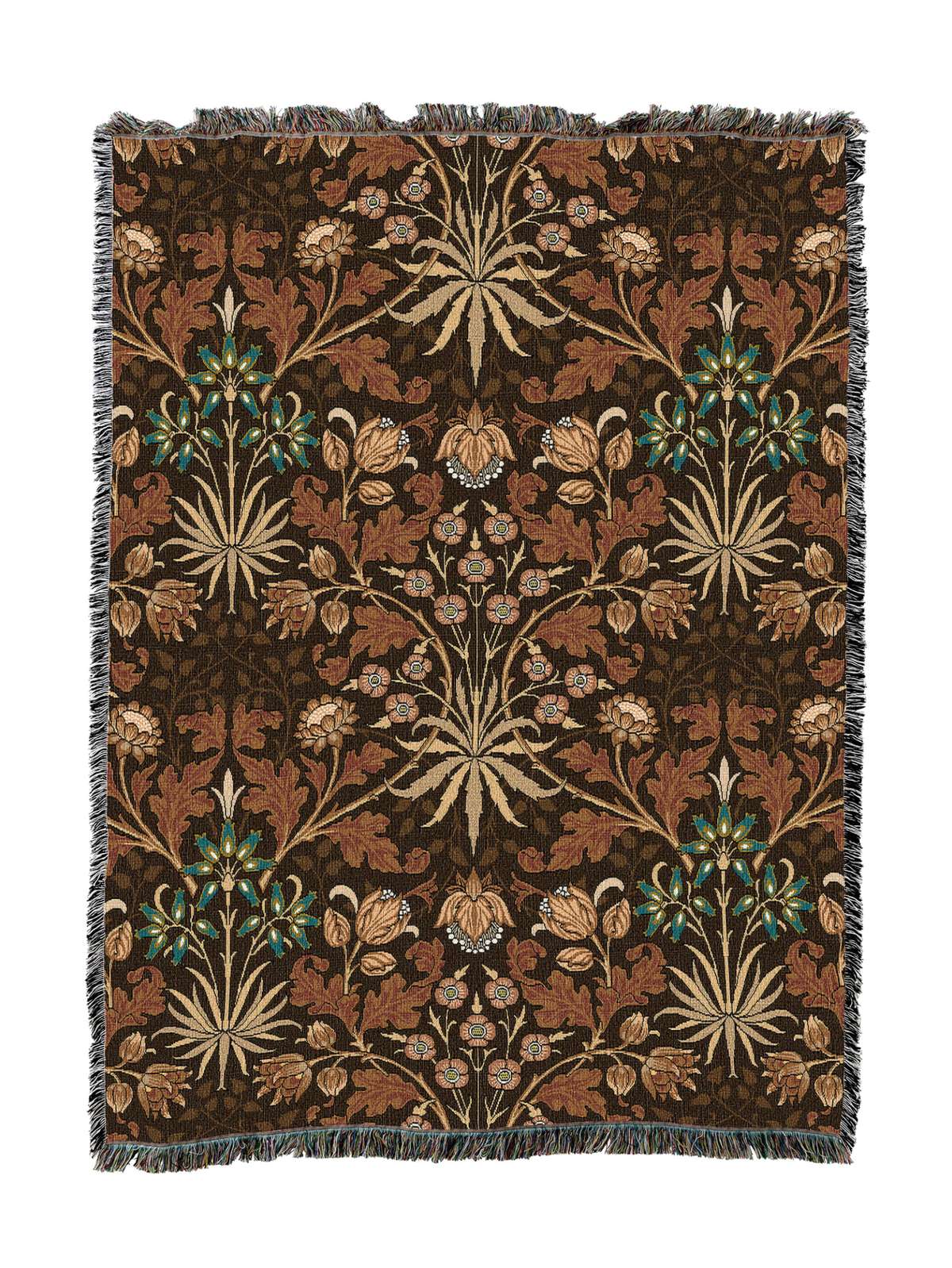 Dark brown hyacinth blanket with multicolor blossoms and tassel fringe border