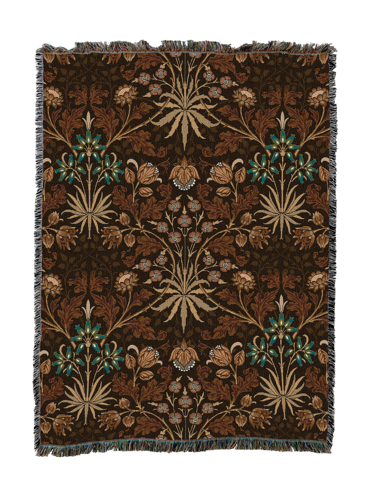 Dark brown floral hyacinth blanket with botanical vines and tassel fringe border