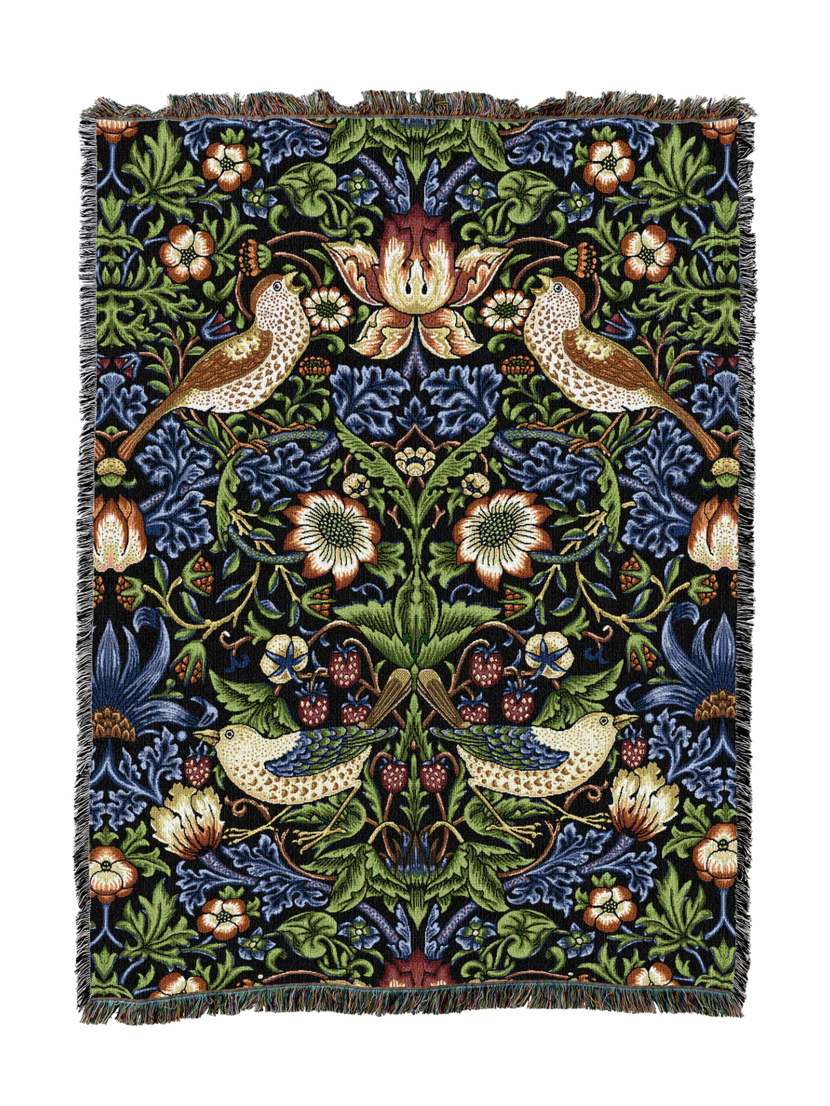 William Morris Strawberry Thief blanket in dark blue with peacock birds and florals, fringed