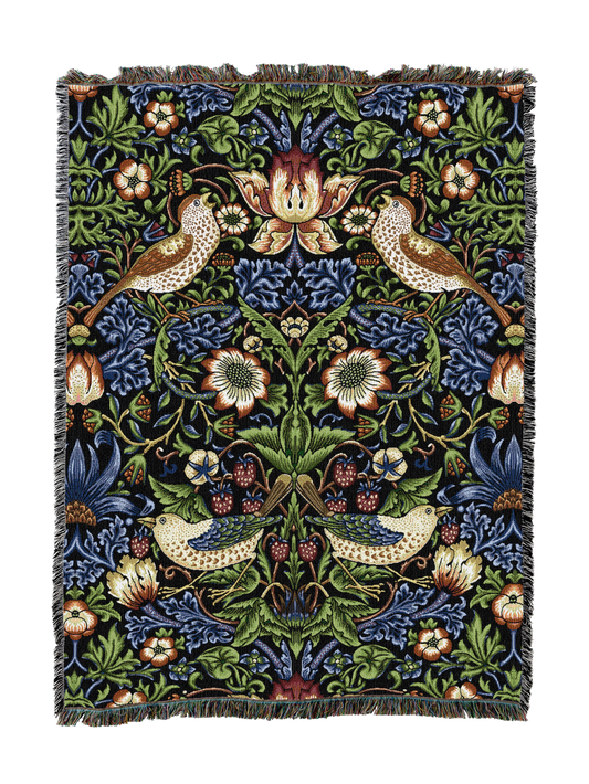 William Morris Strawberry Thief blanket in dark blue with peacock birds and florals, fringed