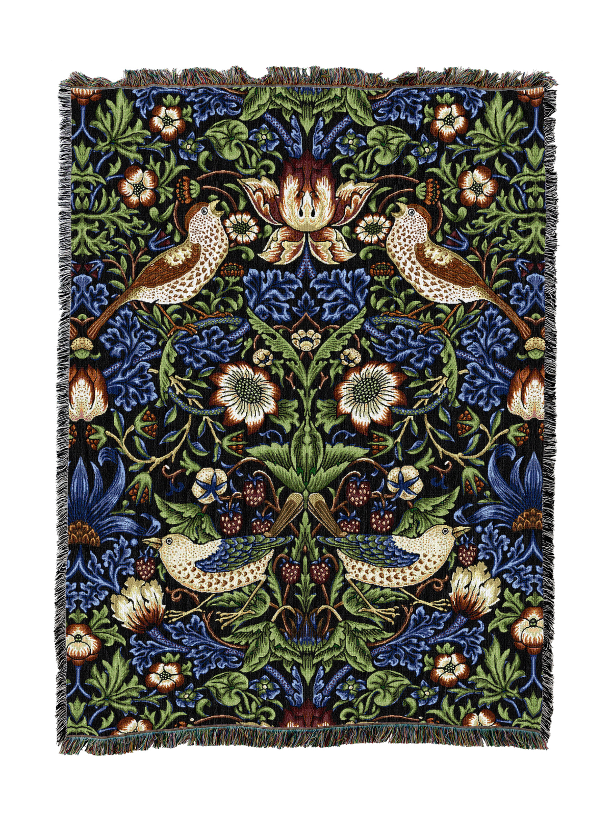 William Morris Strawberry Thief blanket in dark blue with birds and floral pattern, fringed