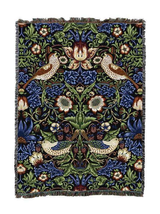 William Morris Strawberry Thief blanket in dark blue with birds and floral pattern, fringed