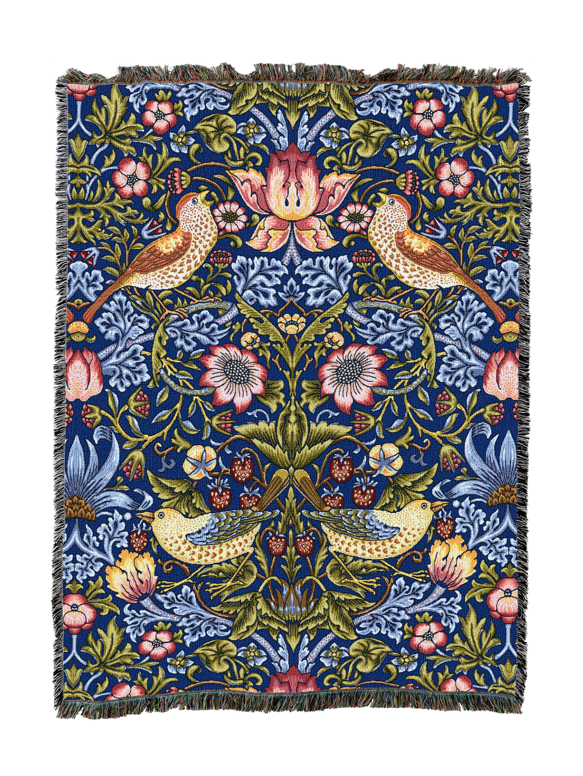 William Morris Strawberry Thief blanket in deep blue with ornate birds and flower medallions, fringed