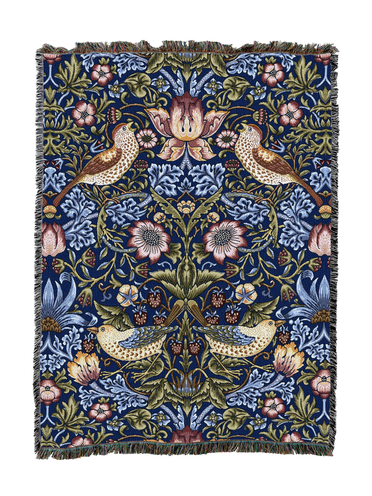 William Morris Strawberry Thief blanket in deep blue with birds, flowers, and leafy vines, fringed