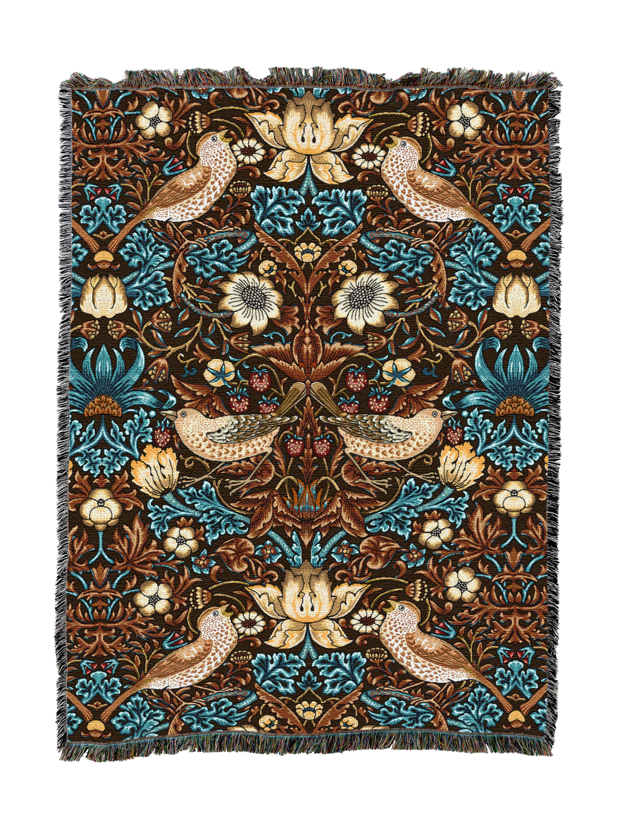 William Morris blanket, teal and brown woven look, repeating birds and floral motif, fringe