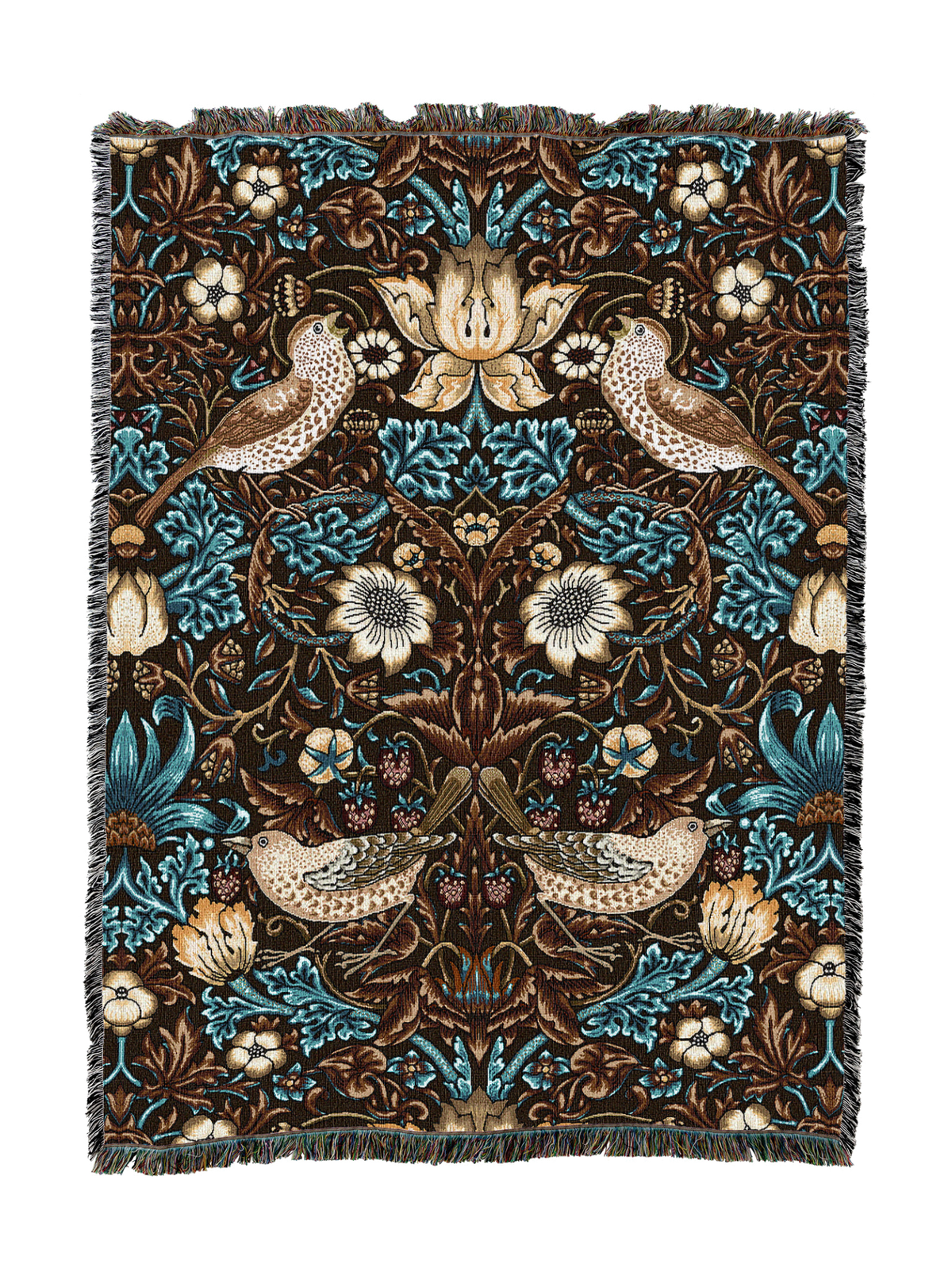 William Morris blanket, dark brown and teal birds-and-flowers pattern, fringed border