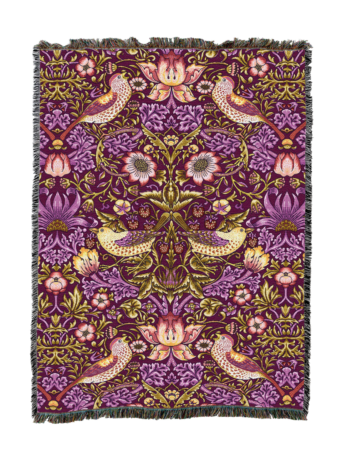 William Morris Strawberry Thief blanket in magenta purple with birds and floral vines, fringed