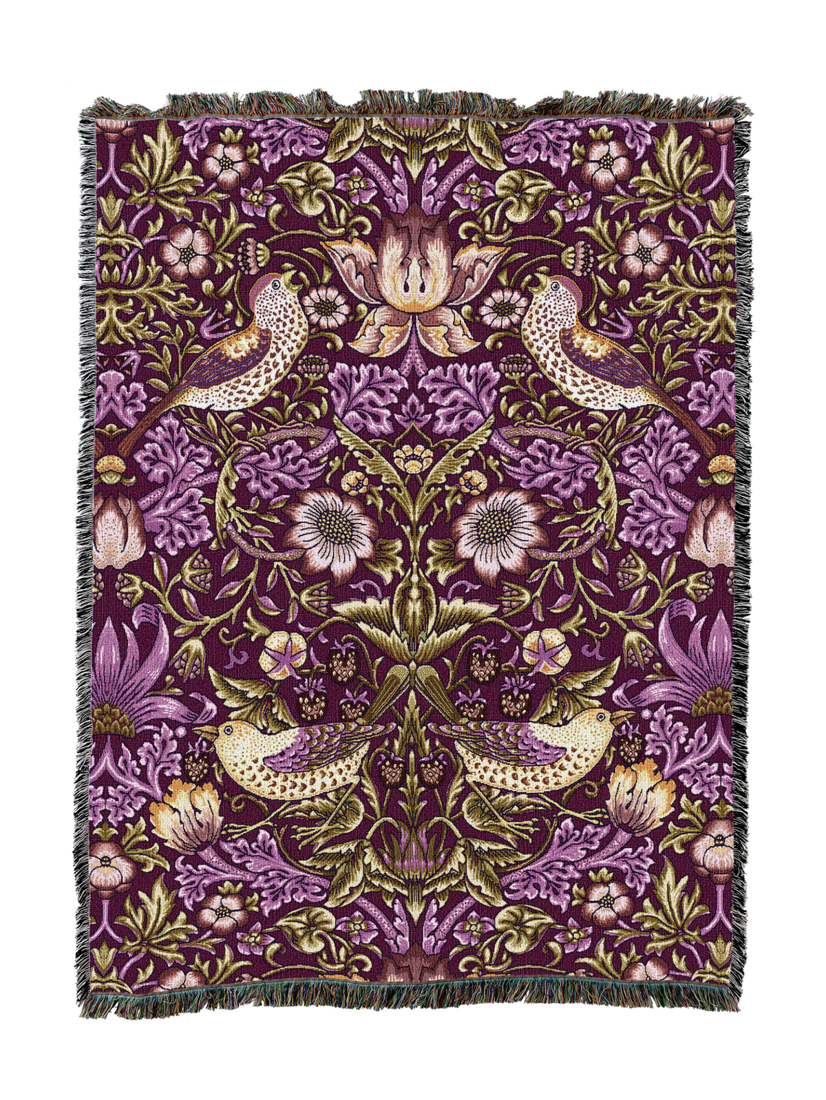 William Morris Strawberry Thief blanket in plum purple with birds, flowers, and vines, fringed