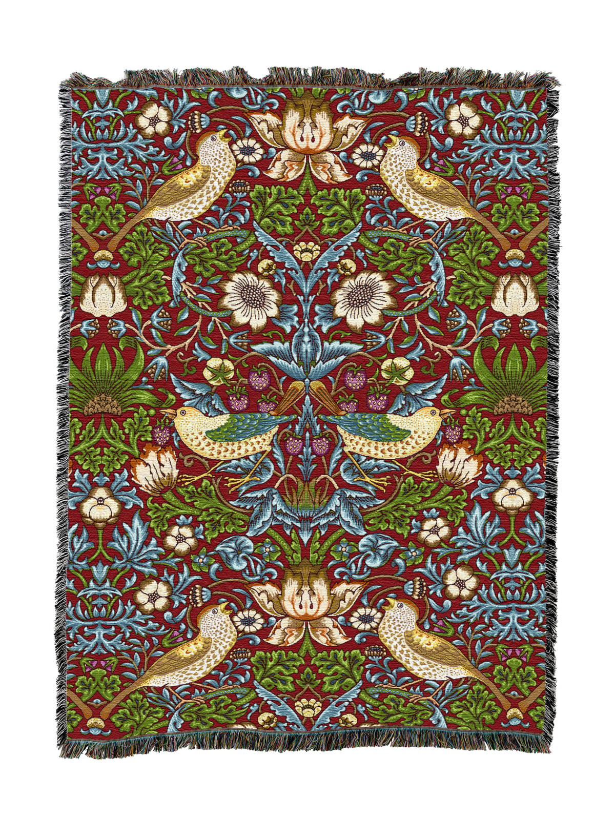 William Morris Strawberry Thief blanket in teal green with birds and floral vines, fringed