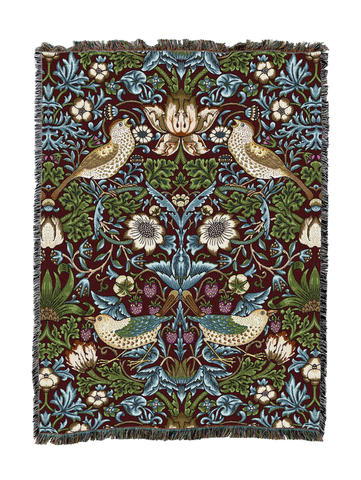 William Morris Strawberry Thief blanket in green with birds, blossoms, and leaf pattern, fringed