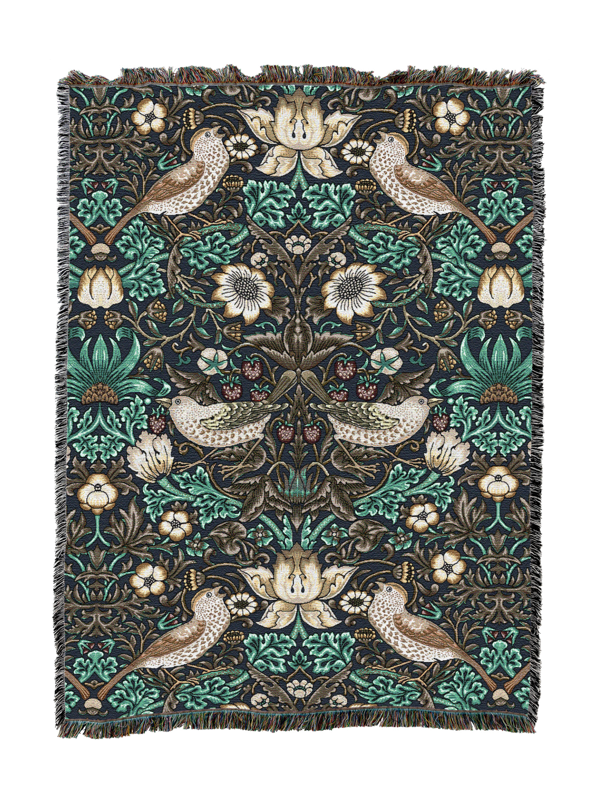 William Morris Strawberry Thief blanket in deep green with birds, blossoms, and ornate vines, fringed