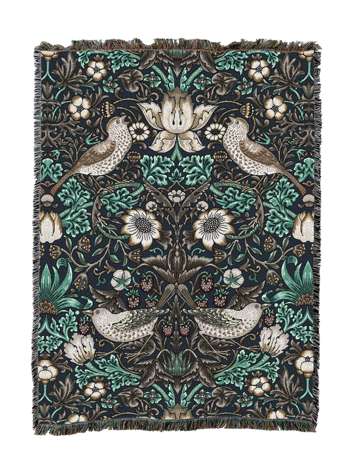 William Morris Strawberry Thief blanket in dark green with birds, flowers, and berries, fringed