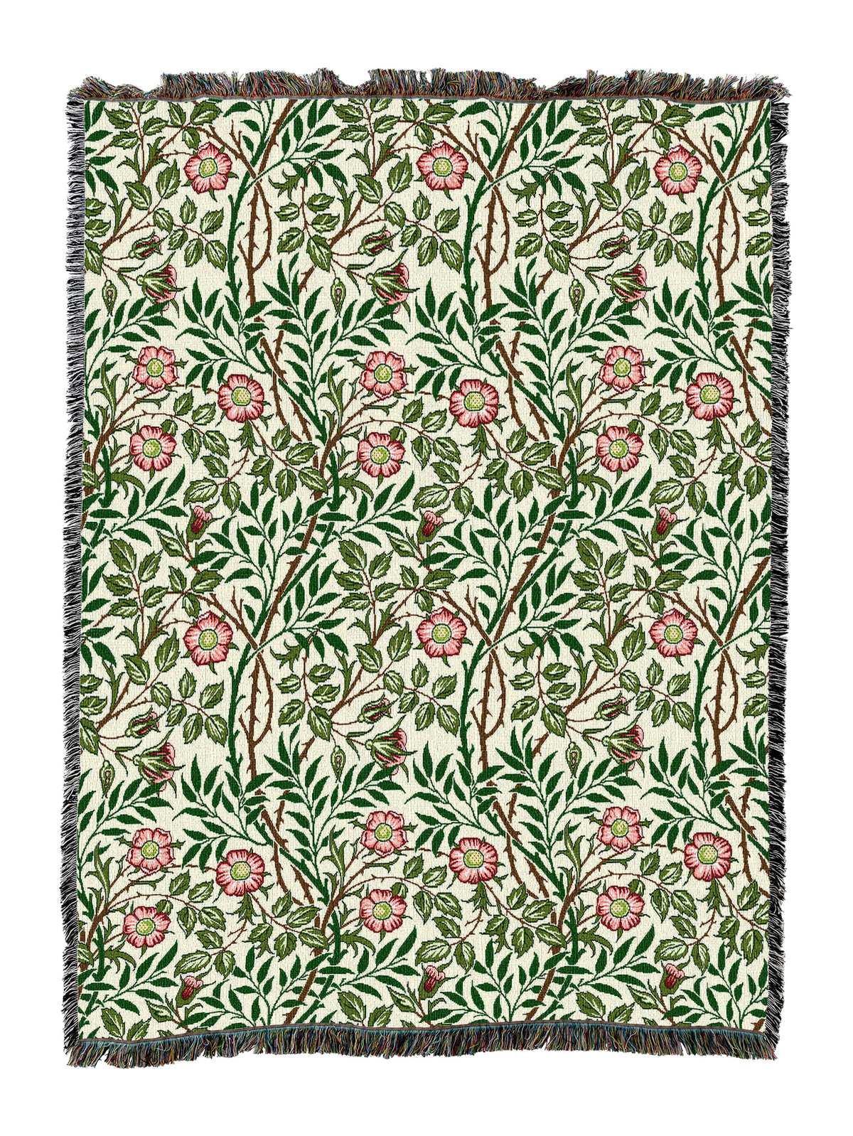 Sweetbriar floral blanket in cream with green leaves and red flowers, fringed border
