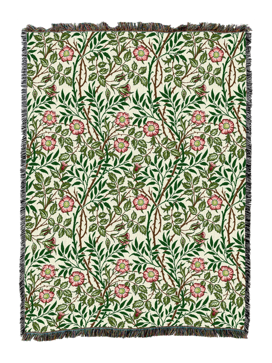 Sweetbriar floral blanket in cream with green leaves and red flowers, fringed border