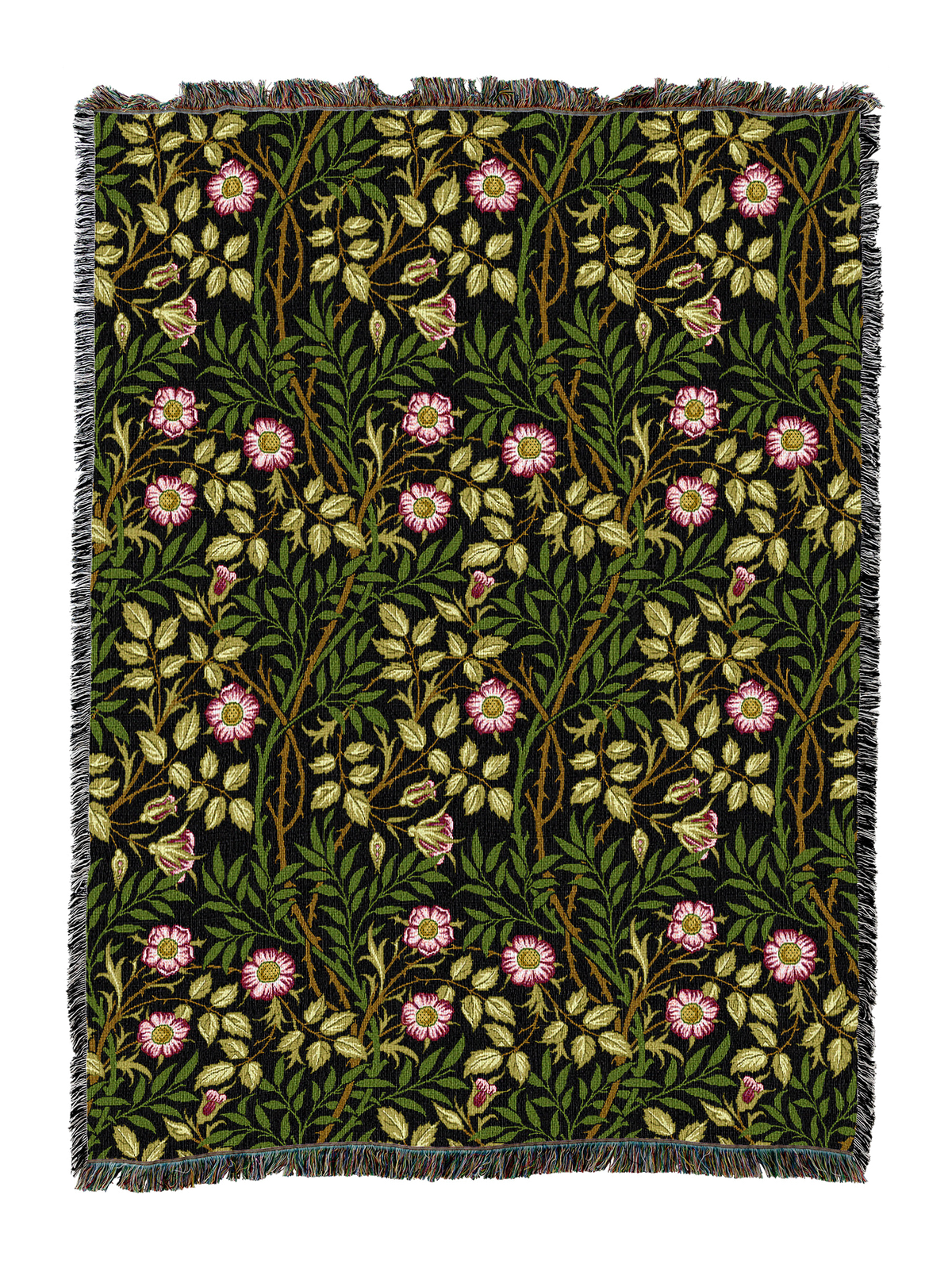 William Morris Sweetbriar blanket in dark green with pink daisy-like flowers, fringed edge