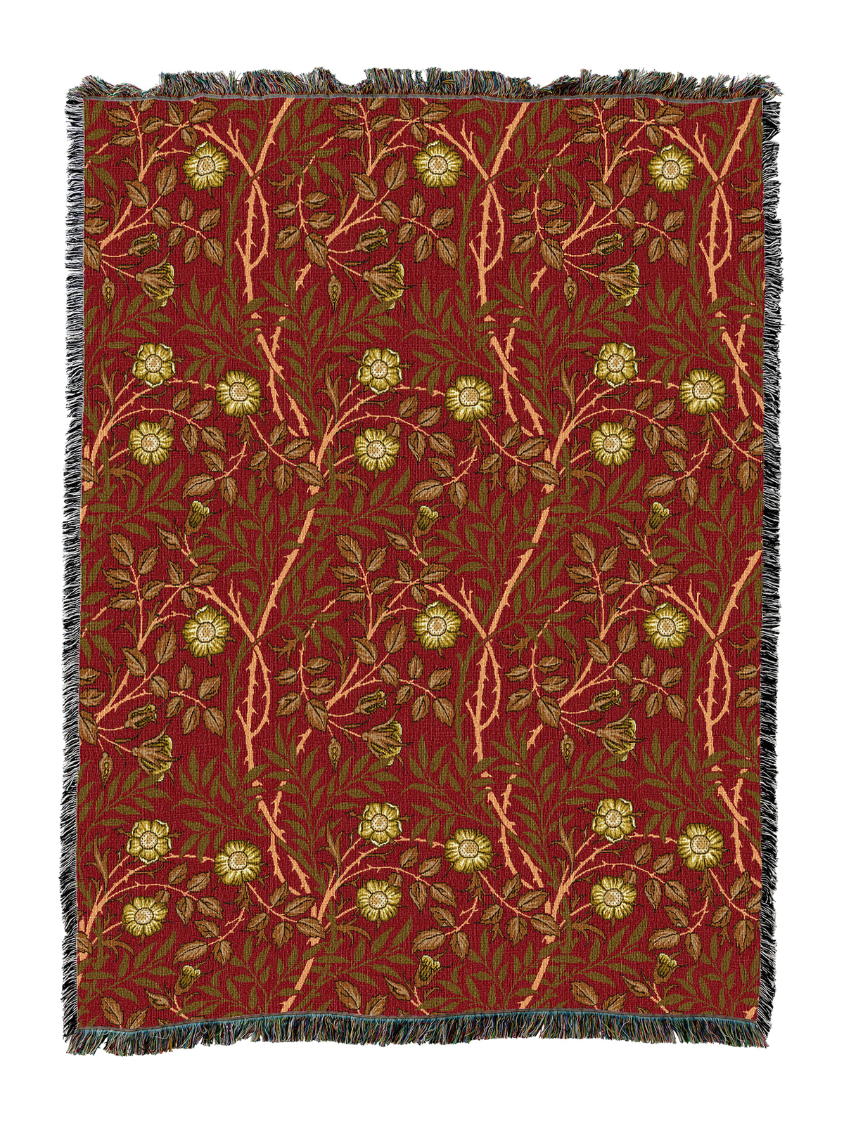 William Morris Sweetbriar blanket in red with gold and yellow floral accents, fringed edge