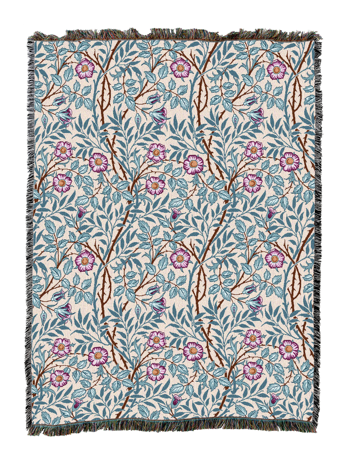 Sweetbriar floral blanket in light blue with purple-pink blossoms and leafy vines, fringed trim