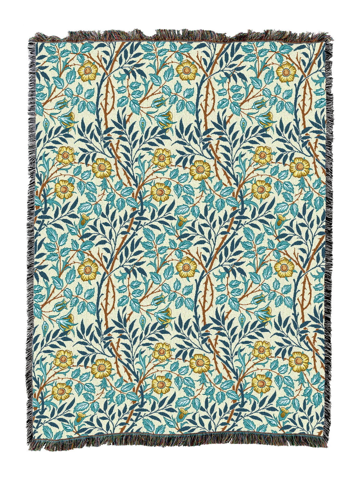 William Morris Sweetbriar blanket with teal botanical pattern and yellow flowers, fringed edge