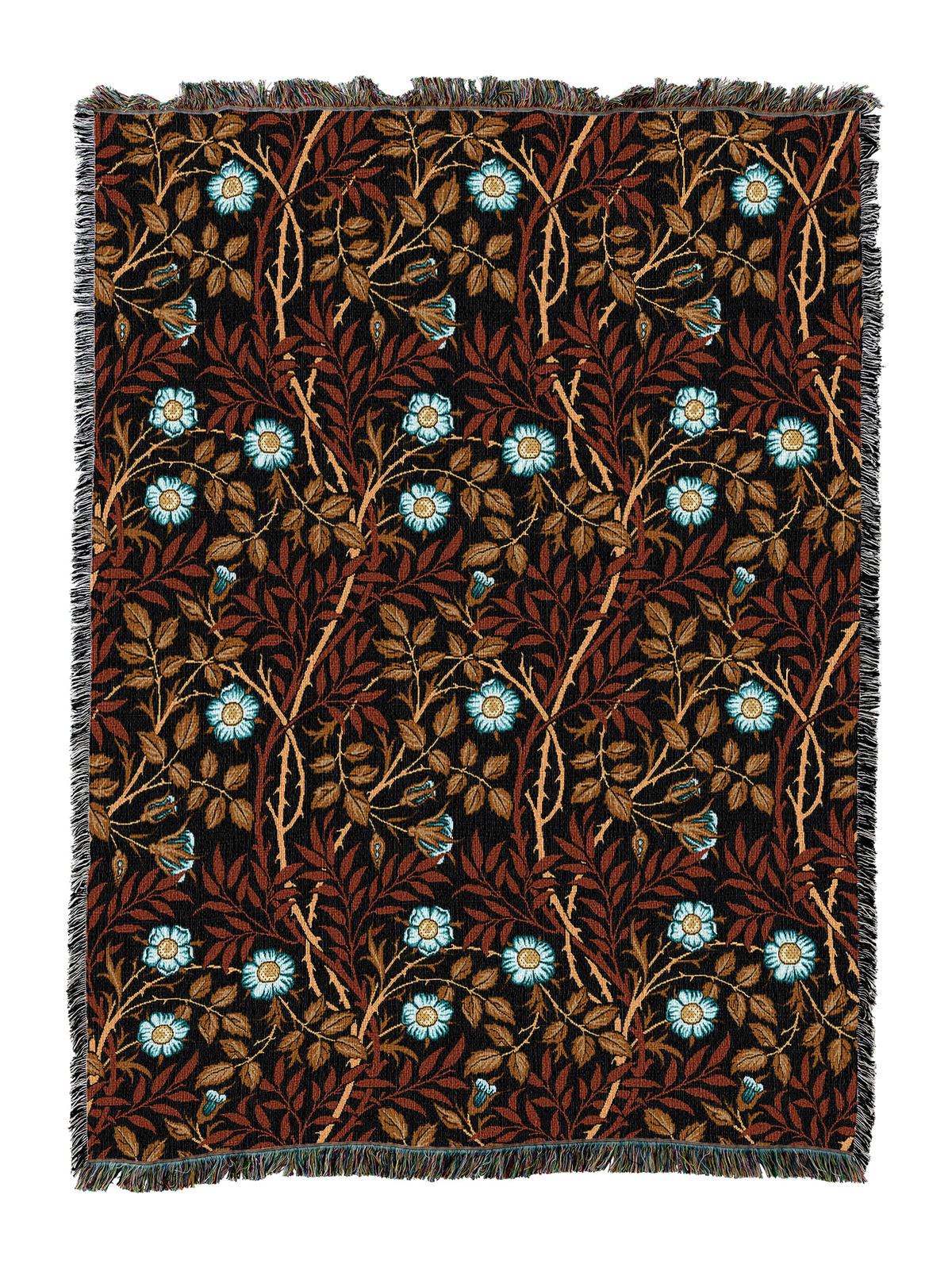 William Morris Sweetbriar blanket with dark backdrop, brown leaves, and blue blossoms, fringed