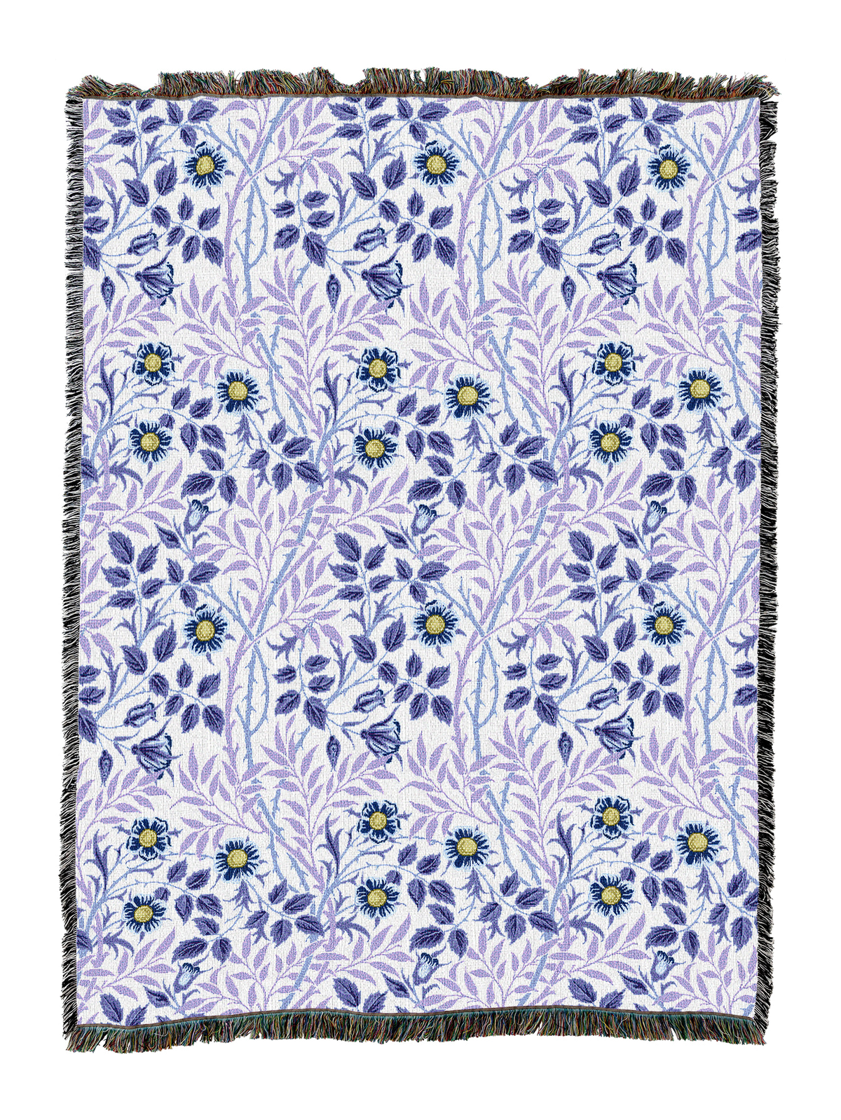 Sweetbriar floral blanket in lavender with blue leaves and yellow-centered flowers, fringed border