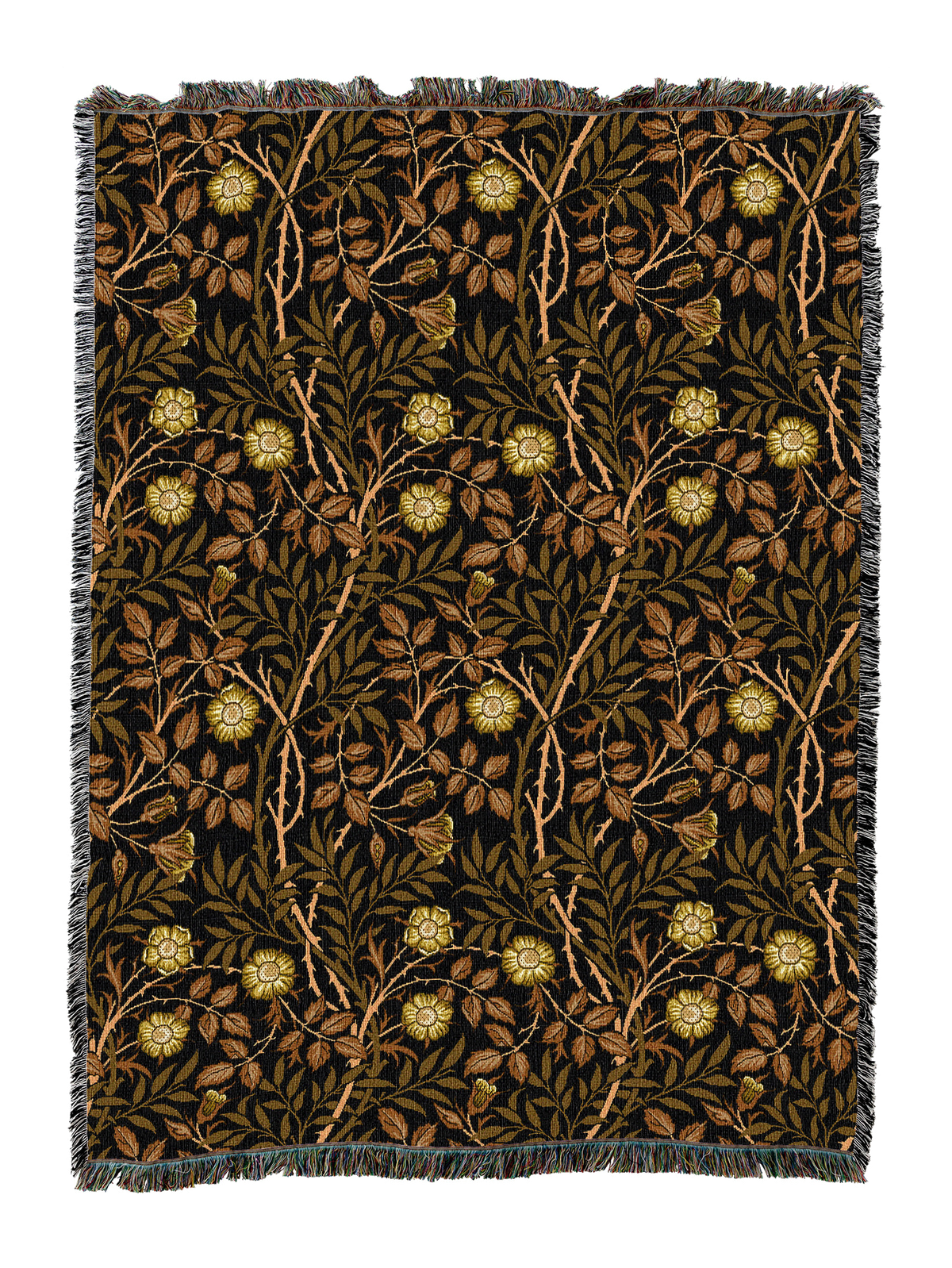 Sweetbriar floral blanket in dark brown with gold leaves and light gold flowers, fringed border