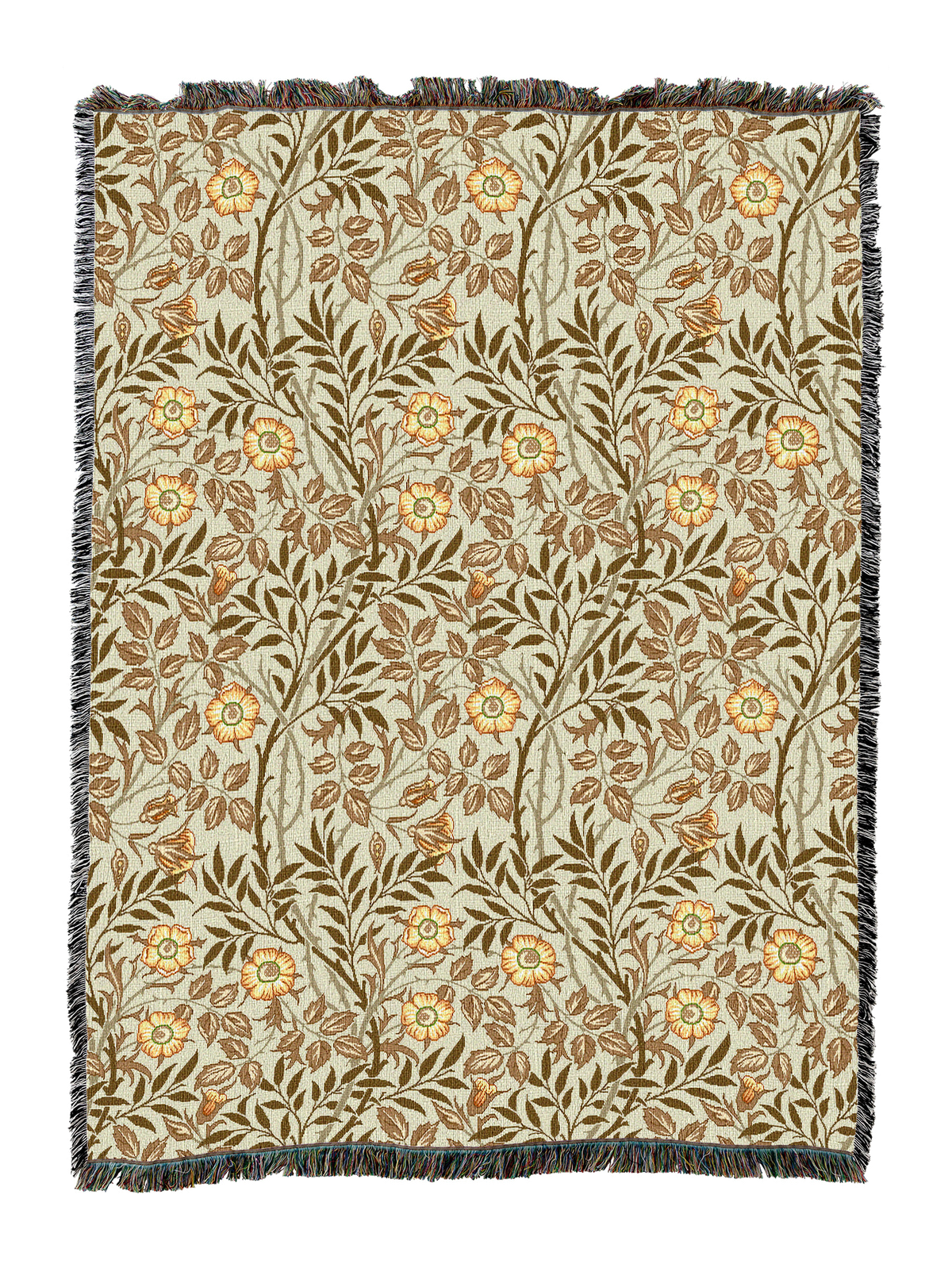 Sweetbriar floral blanket in warm tan with green leaves and orange-gold flowers, fringed border