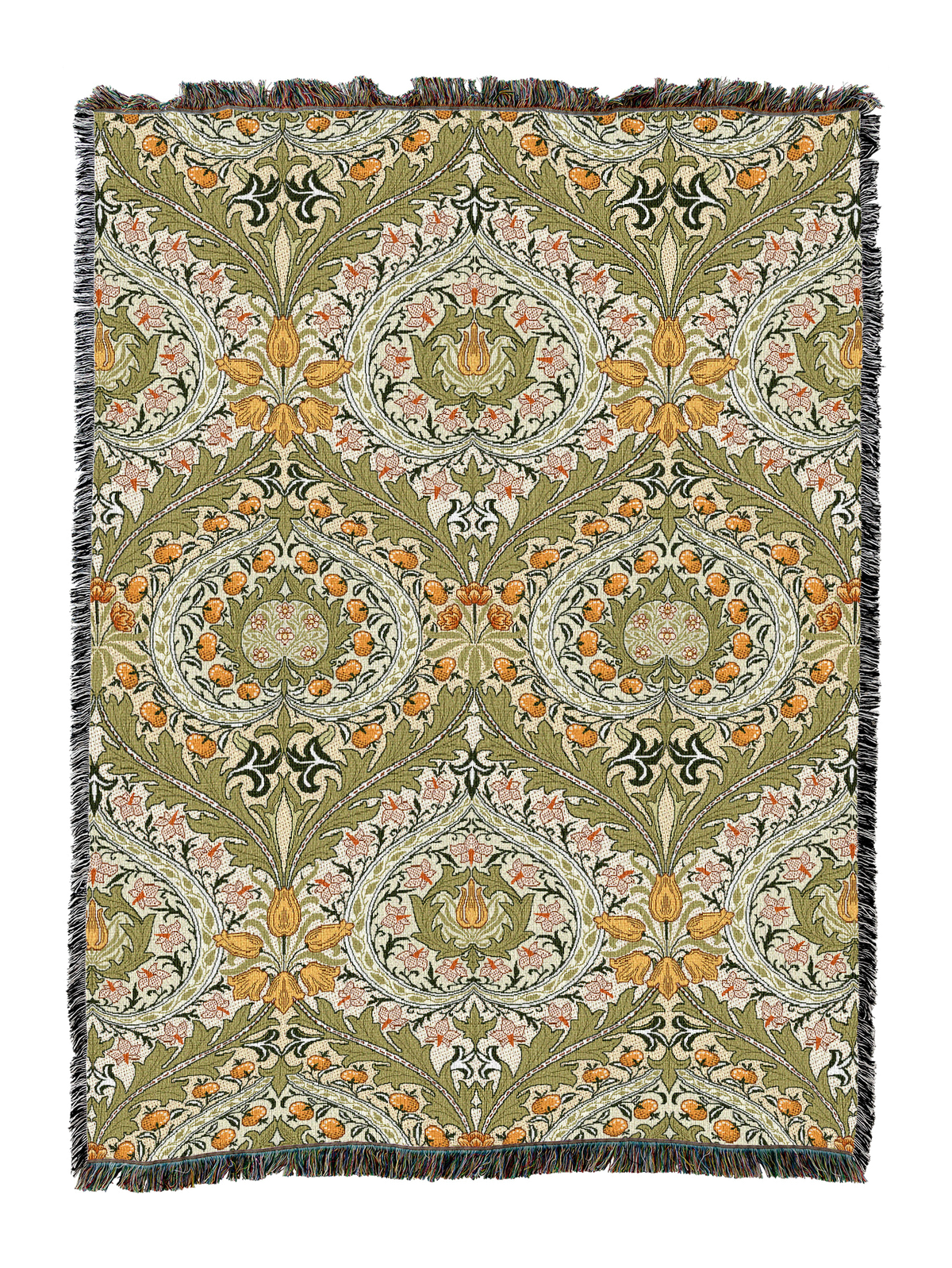Eden blanket with repeating oval medallions, leafy swirls, and fringed edge trim