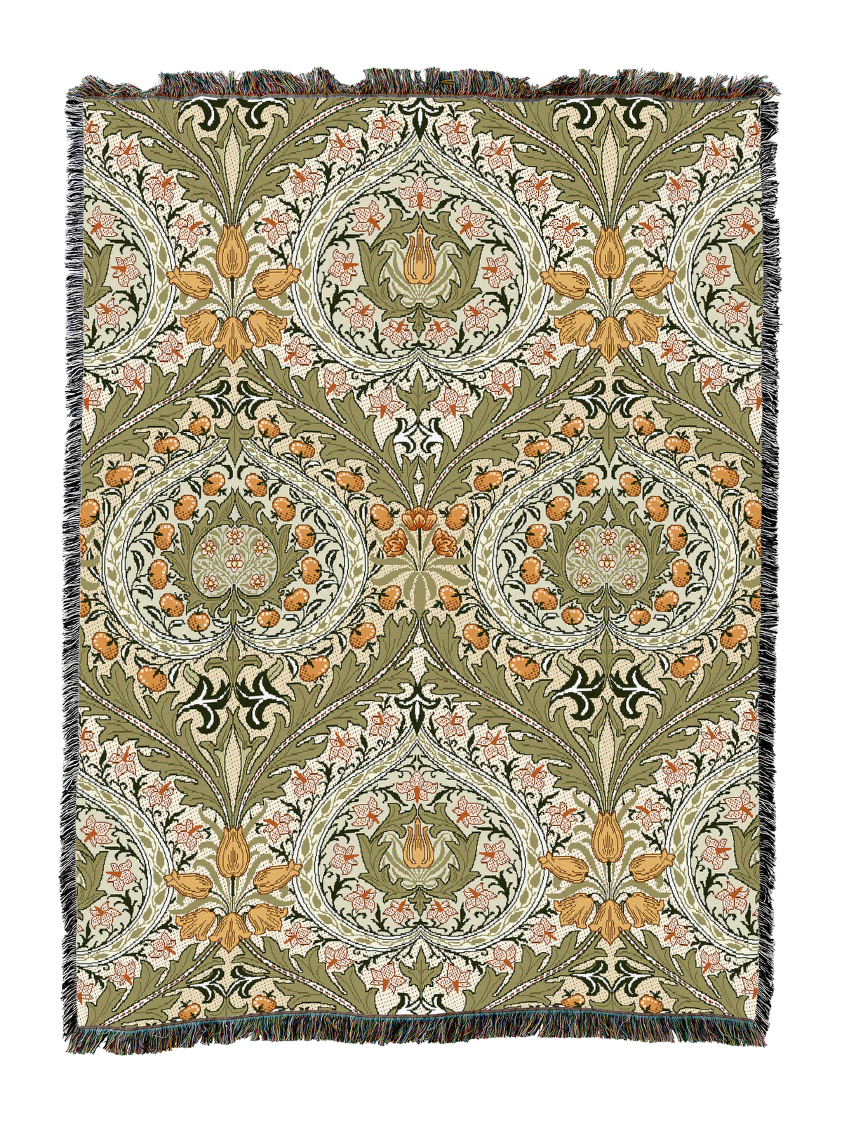 Eden blanket with olive base, cream and rust medallion florals, and fringed border