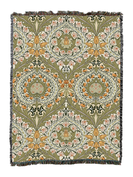 Eden blanket with olive base, cream and rust medallion florals, and fringed border