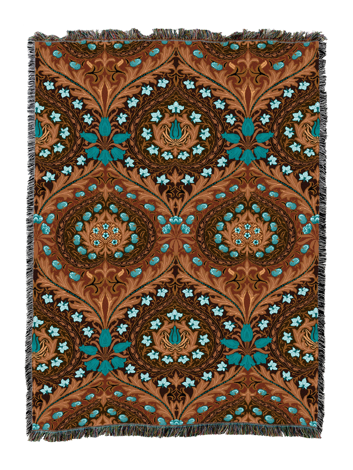 Eden blanket with dark brown and teal repeating medallions, ornate curls, and fringe