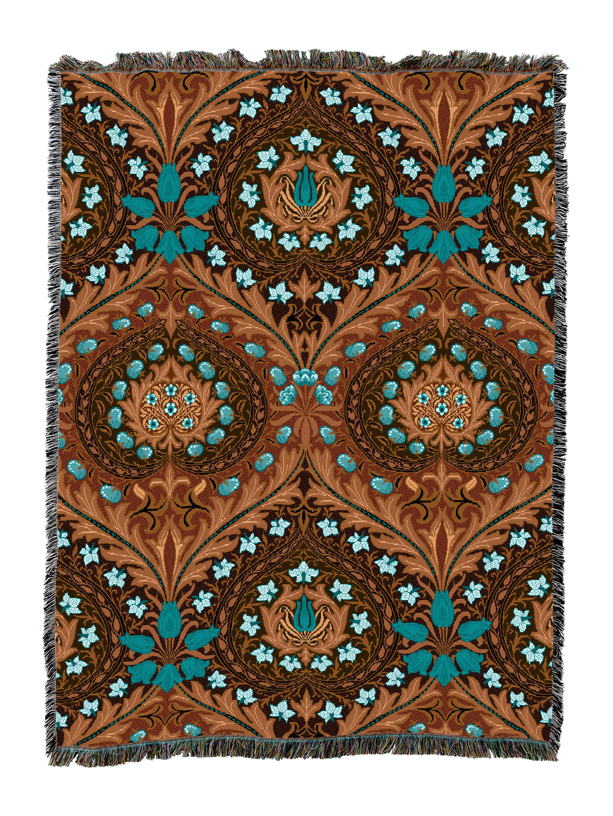 Eden blanket with rich brown base, teal floral medallions, gold accents, fringed border