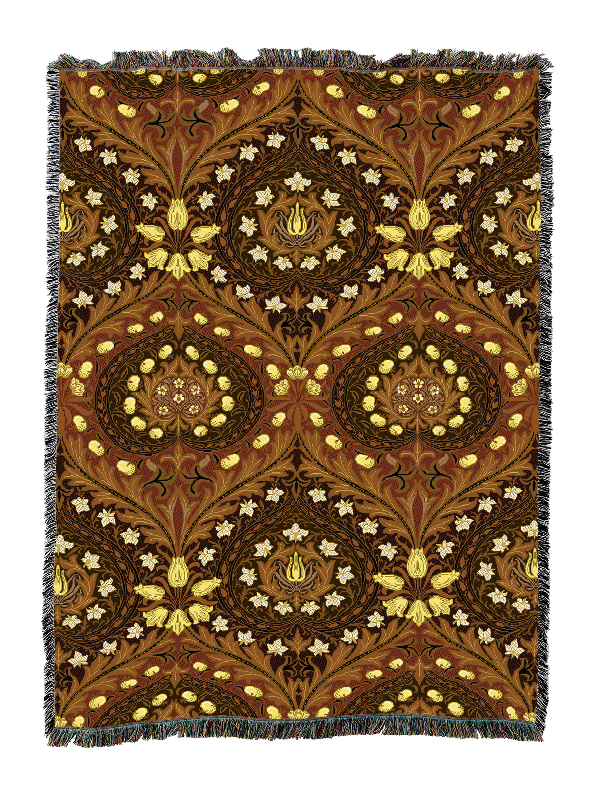 Eden blanket with umber and gold medallion pattern, cream details, and fringed edge
