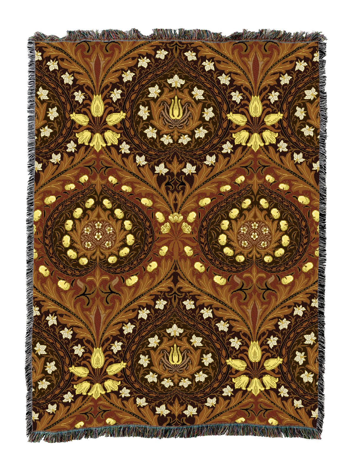 Eden blanket with dark brown base, gold floral medallions, cream star-like sprigs, fringe