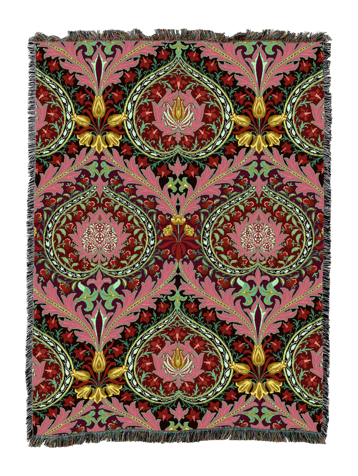 William Morris Eden blanket with burgundy, green, and gold floral pattern; fringed edge