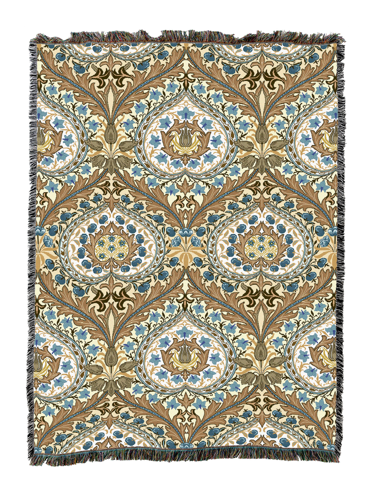 Eden blanket with warm beige background, blue and brown rosette medallions, fringe