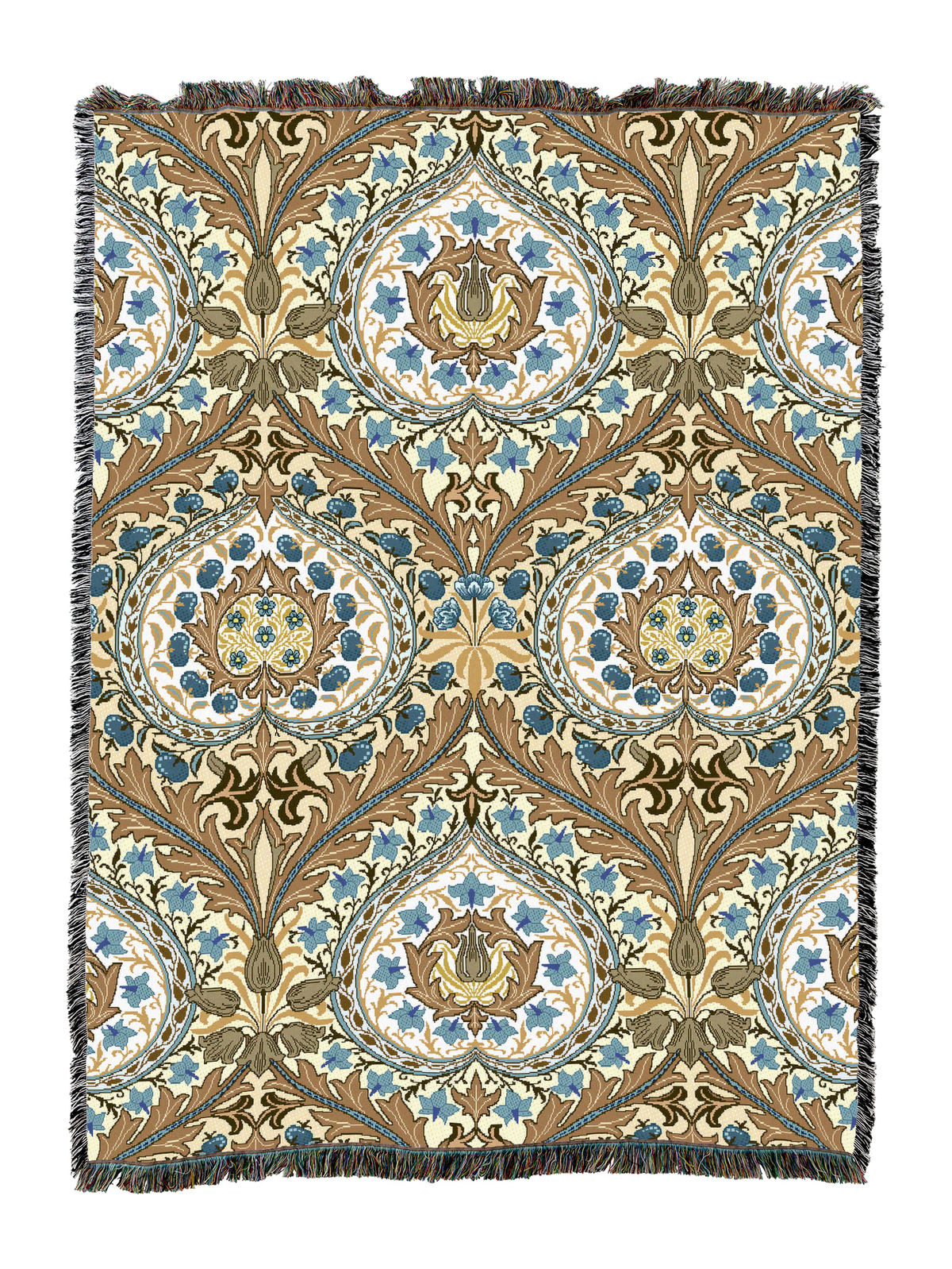 Eden blanket with light cream base, tan and blue medallion florals, and fringed border