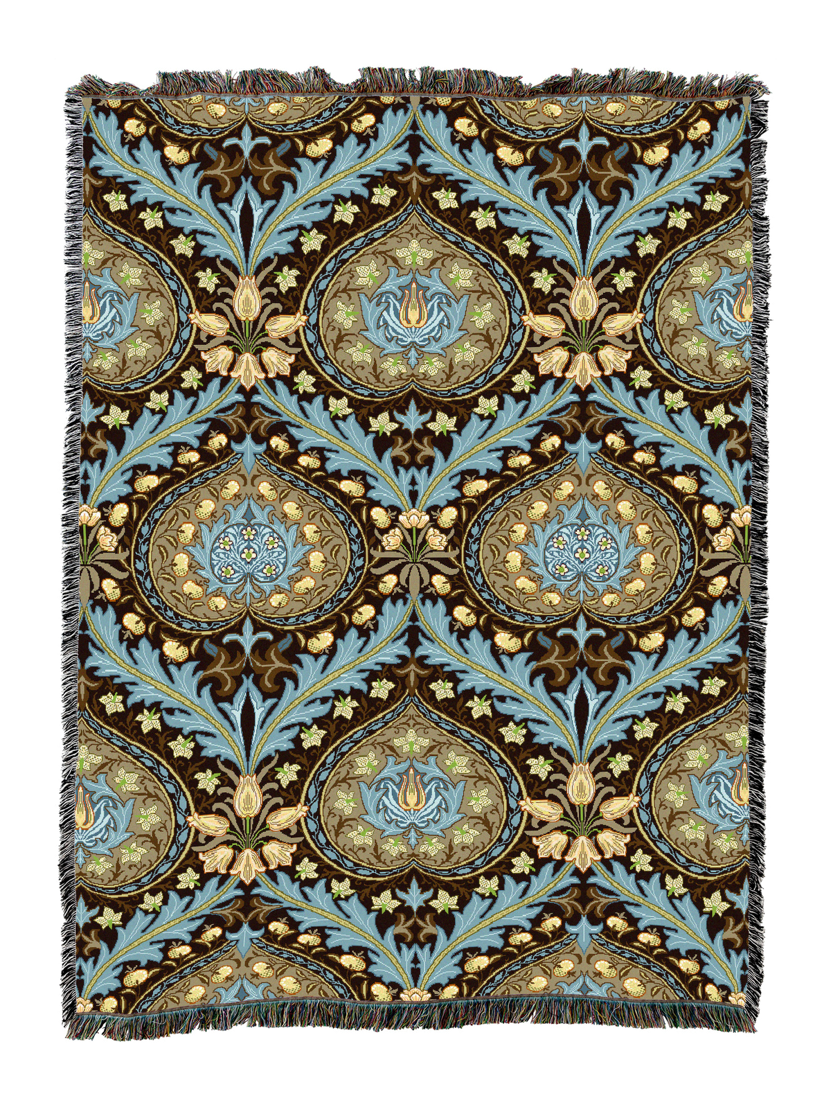 Eden blanket with navy and gold swirling florals, teal accents, and fringed edge
