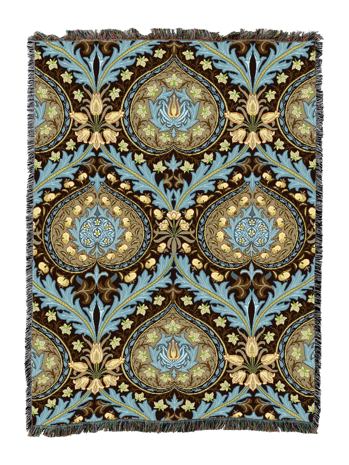 Eden blanket with deep navy base, teal and gold medallion pattern, and fringe border
