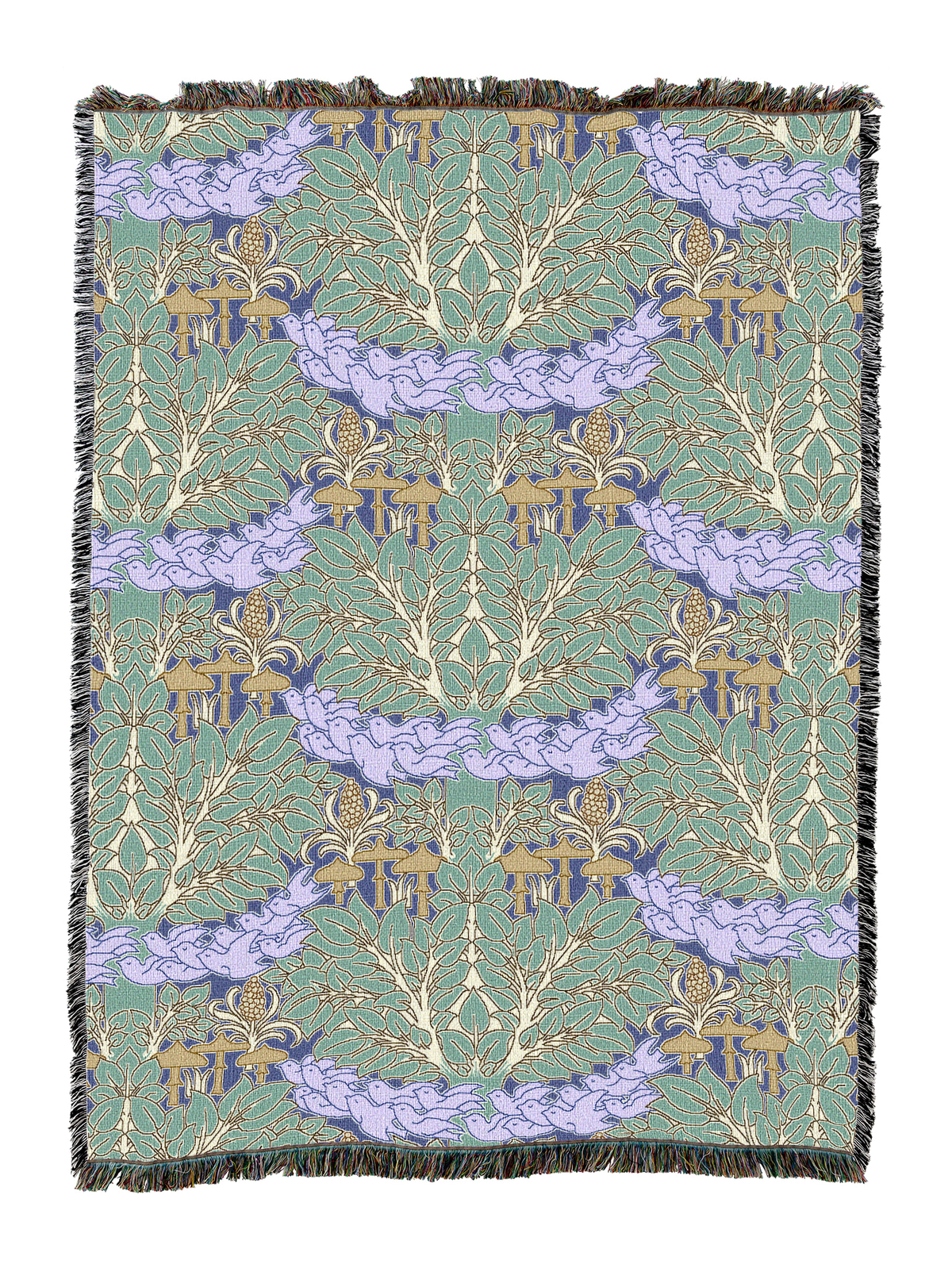 Fairyland blanket in teal and lavender with fairy forest mushrooms, fringed trim