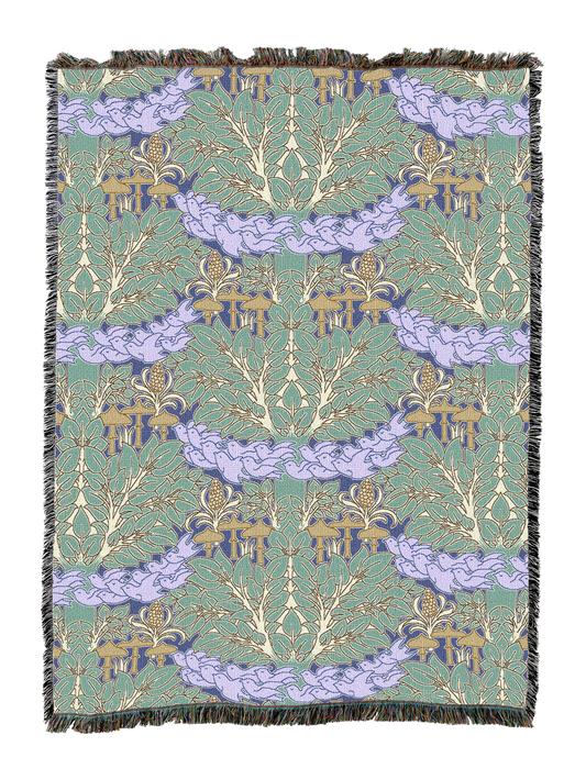 Fairyland blanket in teal and lavender with fairy forest mushrooms, fringed trim