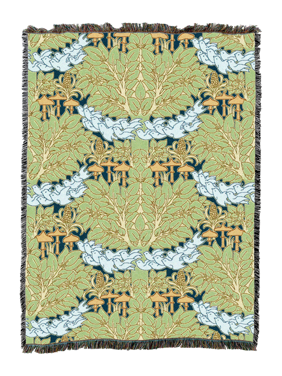 Fairyland blanket in sage green and gold with whimsical forest mushrooms, fringed trim