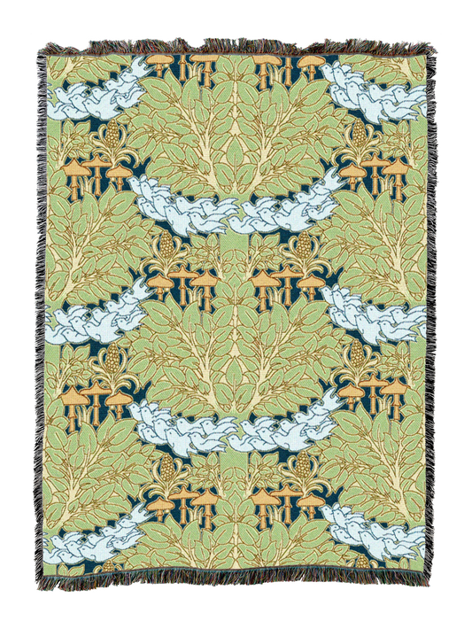 Fairyland blanket in sage green and gold with whimsical forest mushrooms, fringed trim