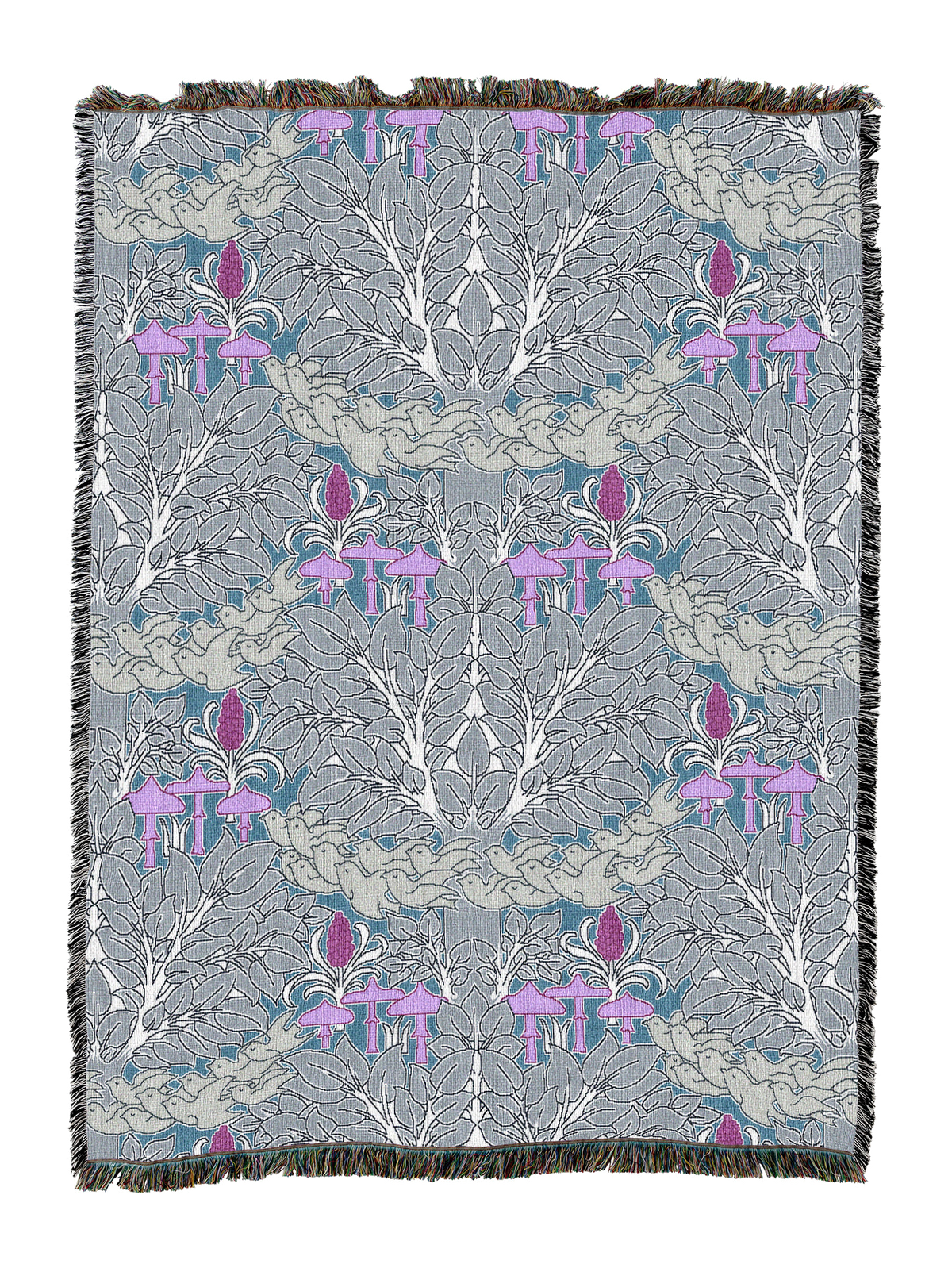 Fairyland blanket in slate blue and lavender with fairy forest mushrooms, fringed trim