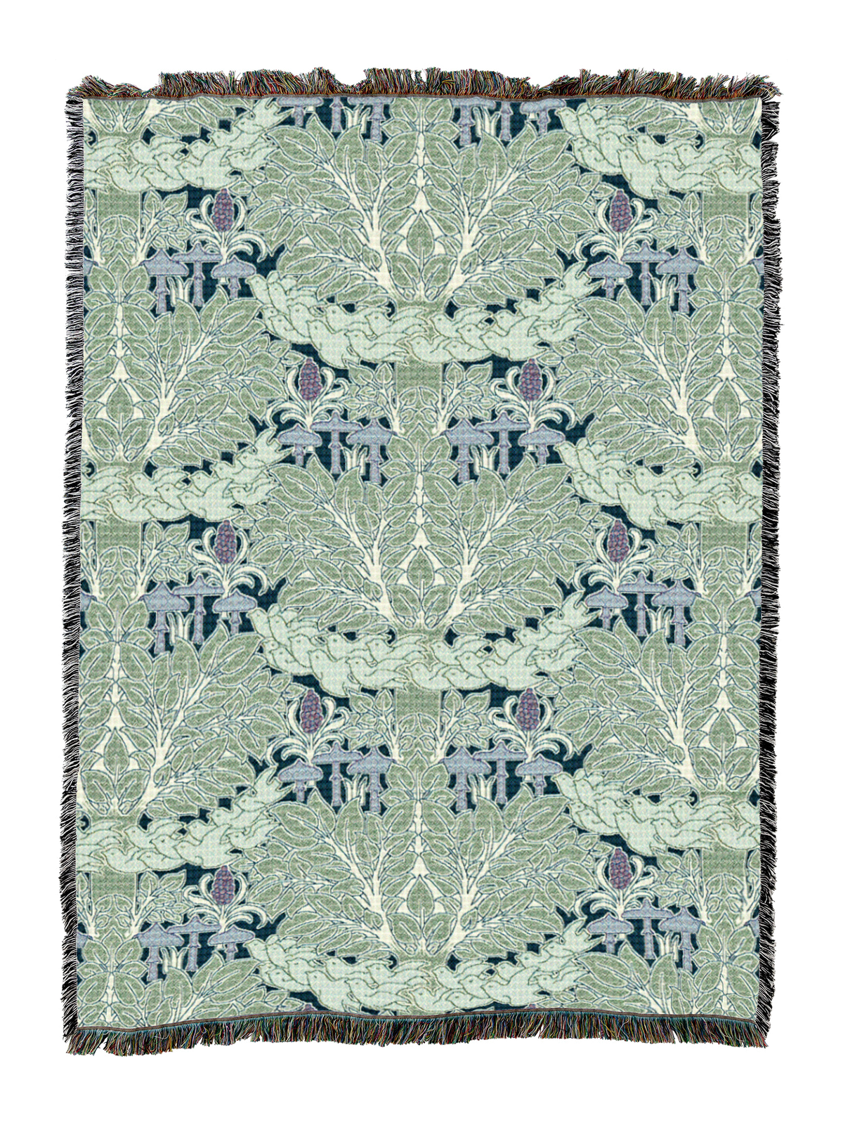 Fairyland blanket in mint green and blue with fairy forest mushrooms, fringed trim