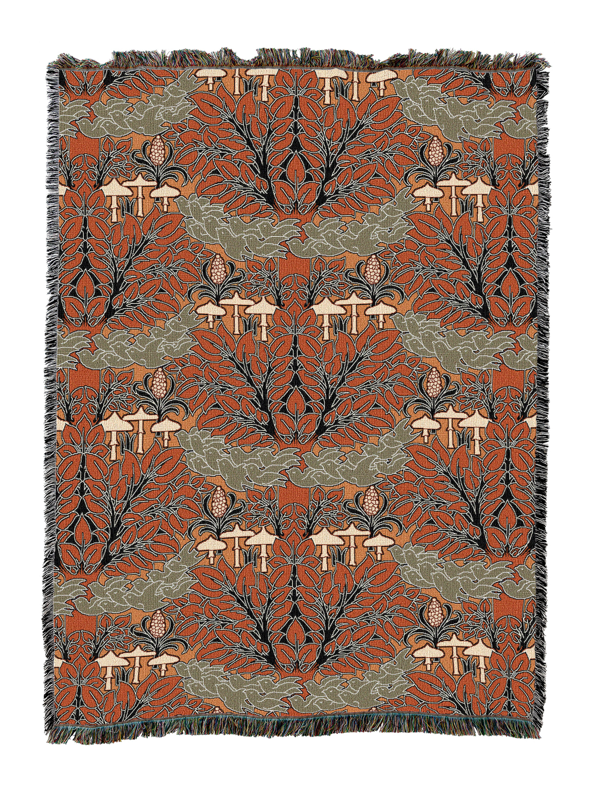 Fairyland blanket in rust orange and gray-olive with fairy forest mushrooms, fringed trim
